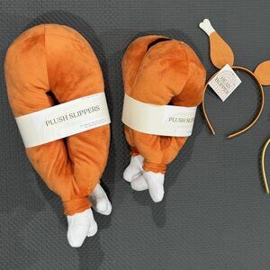 Thanksgiving Turkey Leg Plush Slippers (Adult & Youth Sizes) + Festive Headbands